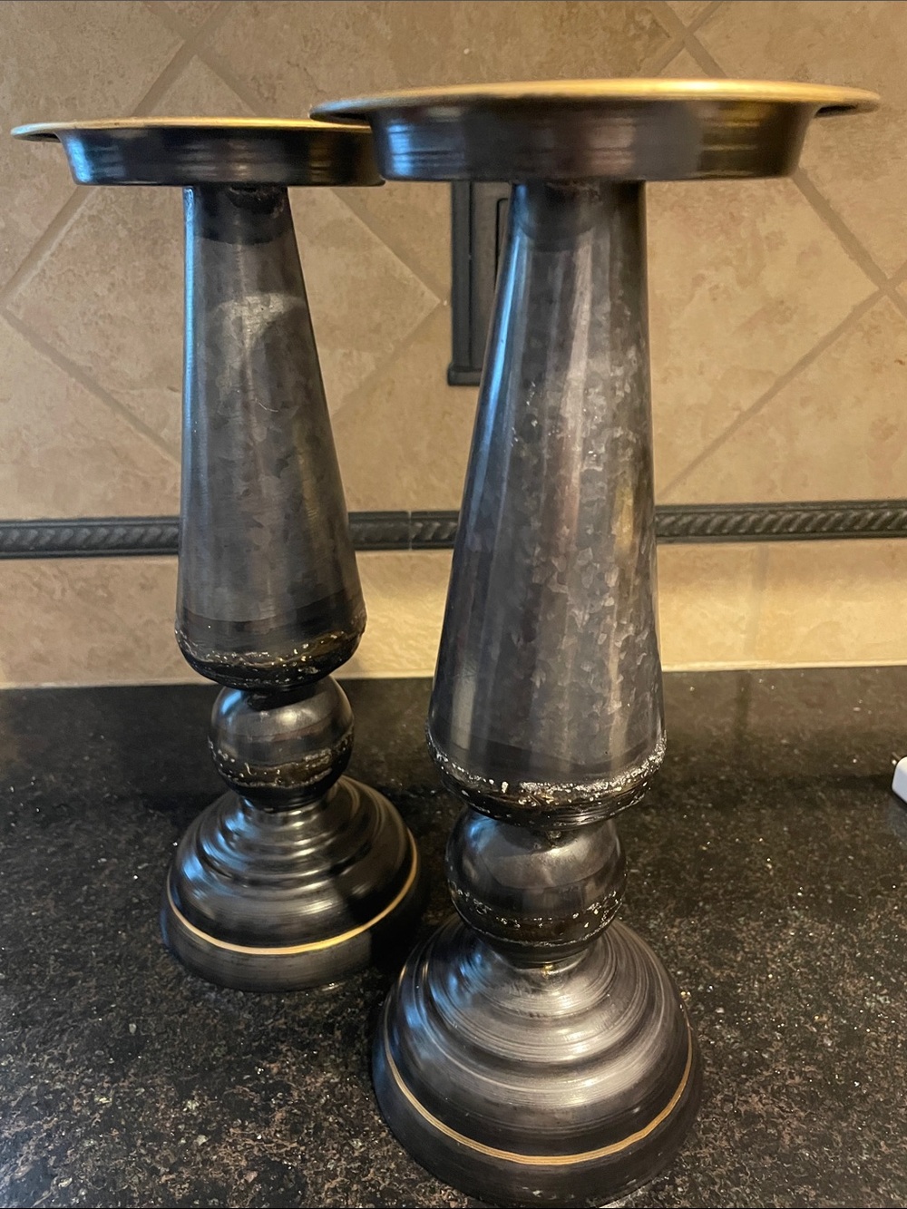 Classic Black Metal Pillar Candle Holders with Gold Trim - Set of 2